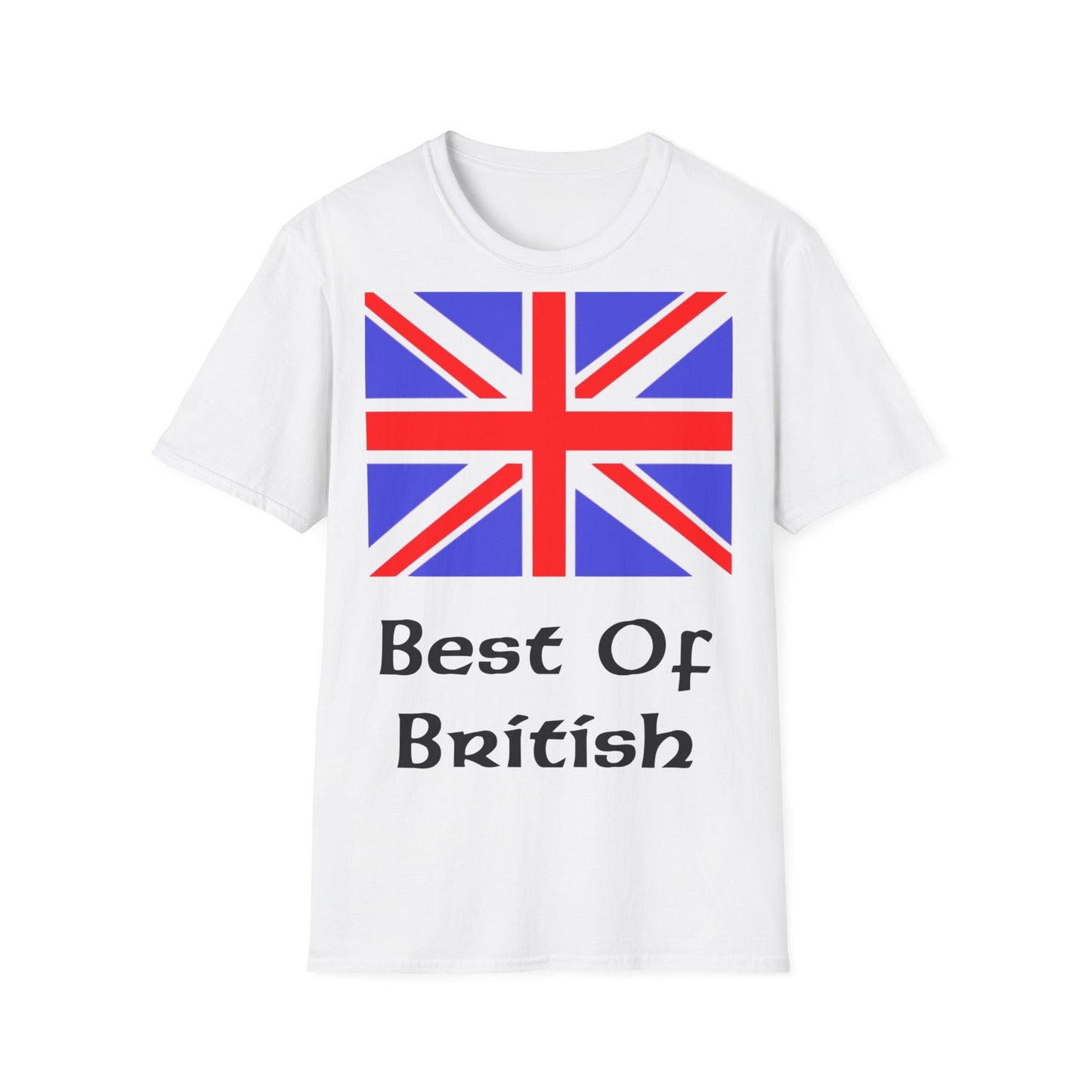 A white t-shirt with a design of the Union Jack flag and the quote: Best Of British underneath