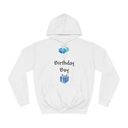 A white hoodie sweatshirt with a design of blue balloons and a gift with the words: Birthday Boy.