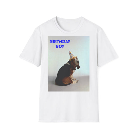 A white t-shirt with a photo of a Basset dog wearing a birthday hat, with the words Birthday Boy