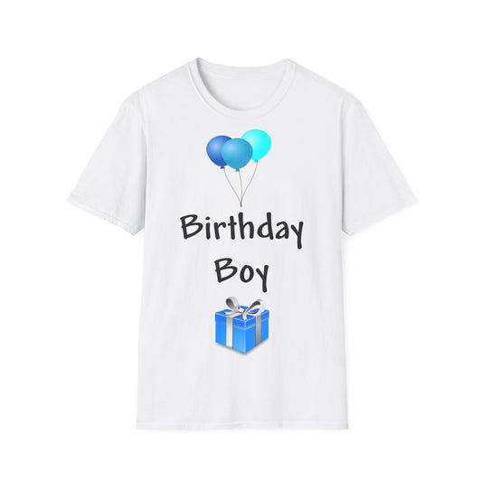 A white t-shirt with a design of blue balloons and a blue present with the words: Birthday Boy in the middle