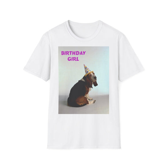 A white t-shirt with a photo of a basset dog wearing a birthday hat, and the words: Birthday Girl