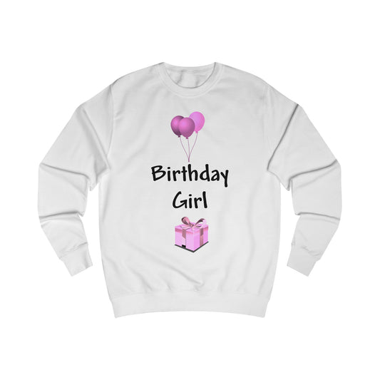 A white sweatshirt with a design of pink balloons and a pink present with the words: Birthday Girl