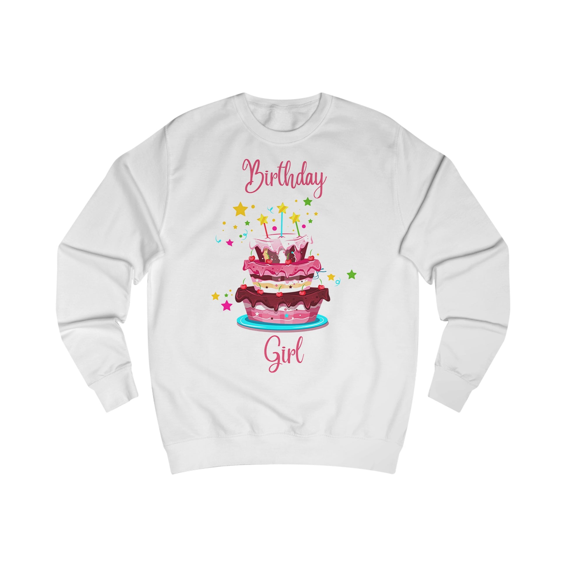 A white sweatshirt with a design of a large birthday cake decorated with stars and candles. Birthday Girl is written in pink