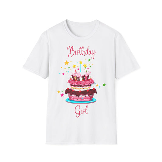 A beautiful birthday cake decorated with stars and the words: Birthday Girl written in pink
