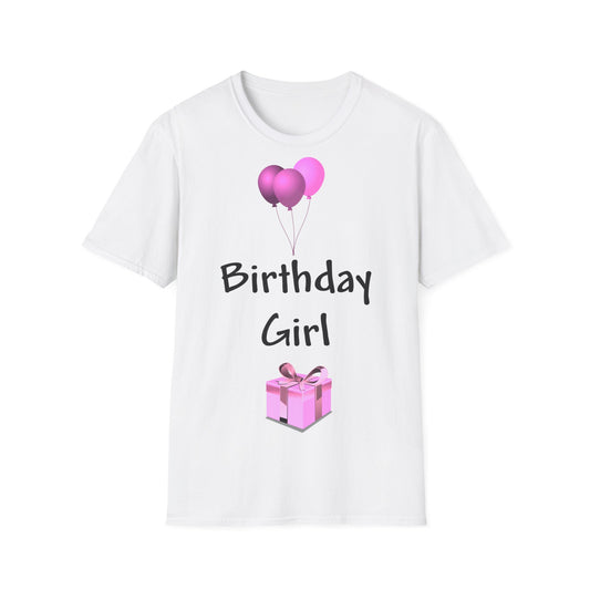 A white t-shirt with a design of pink balloons and present with the words: Birthday Girl in the middle