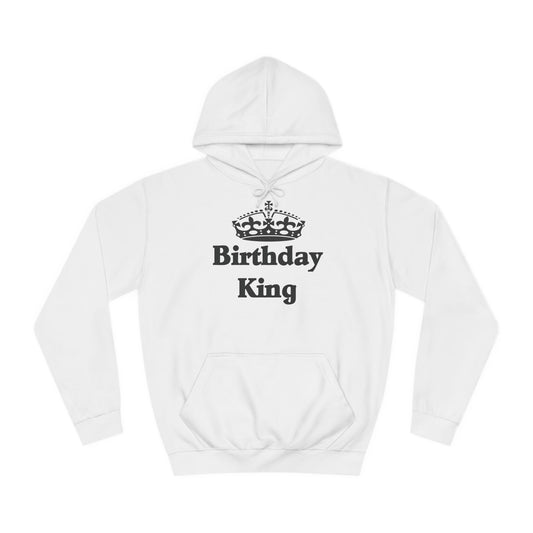 A white hoodie sweatshirt with a design of a crown with the words Birthday King.