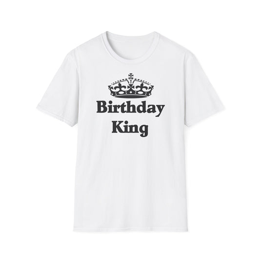 A white t-shirt with a design of a crown and the words: Birthday King underneath