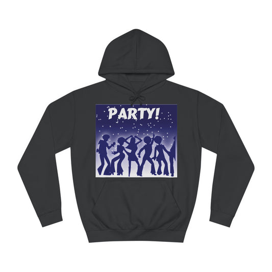 A black hoodie sweatshirt with a design of retro disco dancers in blue, with the word: Party! at the top.