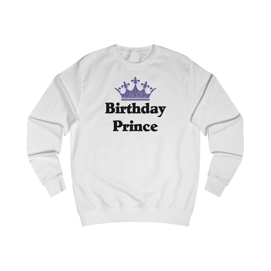 A white sweatshirt with a design of a royal crown and the words: Birthday Prince underneath