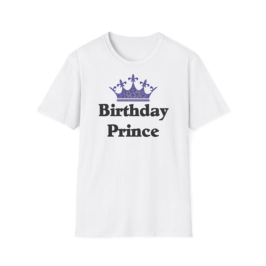 A white t-shirt with a design of a crown and the words: Birthday Prince underneath
