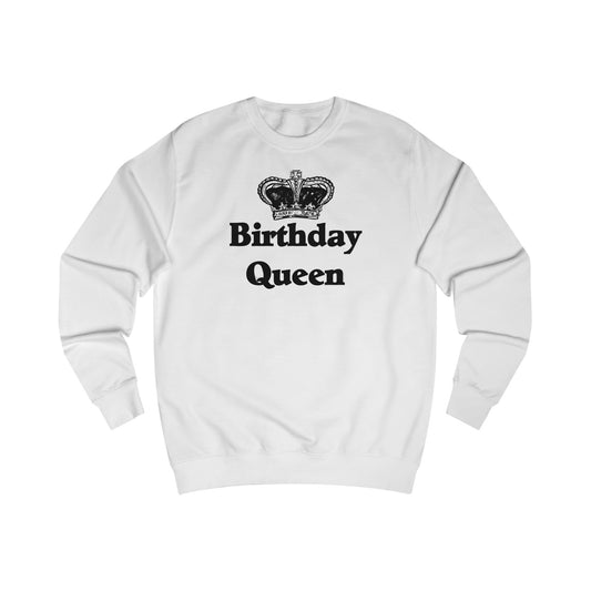 A white sweatshirt with a design of a royal crown and the words: Birthday Queen underneath