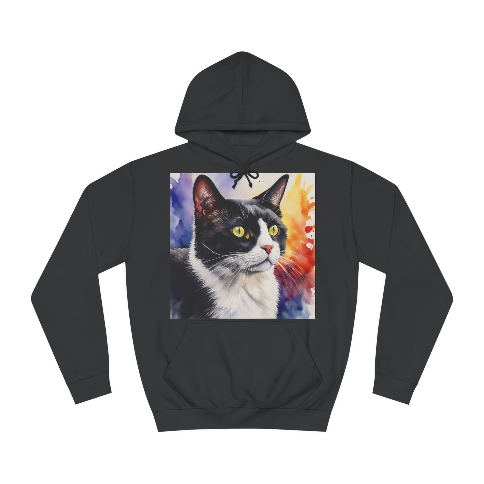 A black hoodie sweatshirt with a design of a black and white cat facing to the right. It is a watercolour painting.