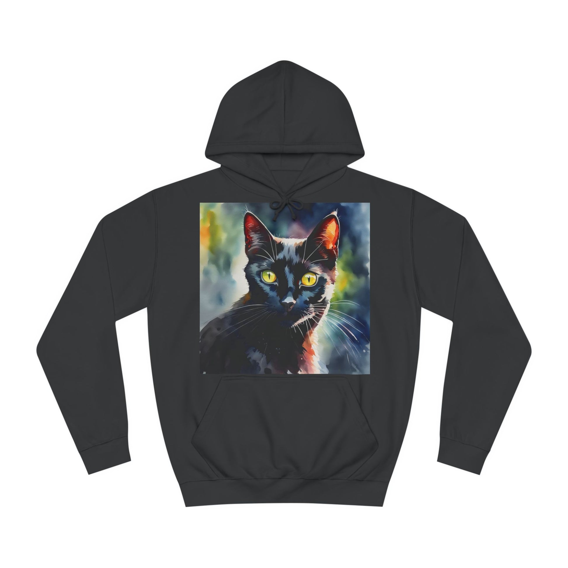 A black hoodie sweatshirt with a design of a black cat with amber eyes. This is a watercolour painting.