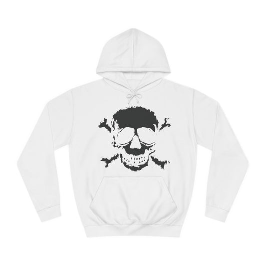 A white hoodie sweatshirt with a design of a black skull and cross bones.