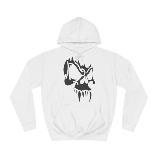 A white hoodie sweatshirt with a design of a black vampire skull.