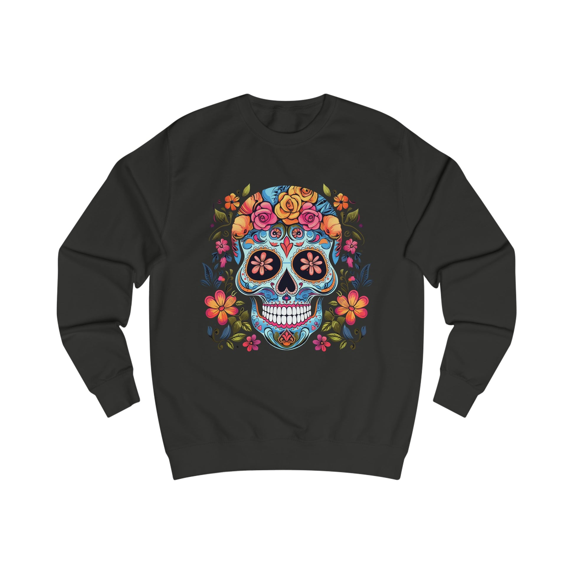 A black sweatshirt with a design of a light blue sugar skull decorated with brightly coloured flowers and leaves