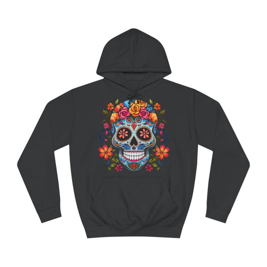 A black hoodie sweatshirt with a design of a blue sugar skull decorated with bright colourful flowers.