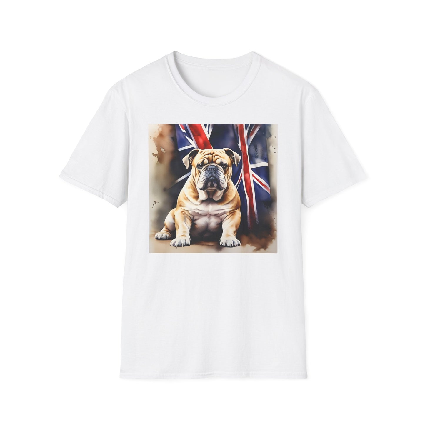 A white t-shirt with a watercolour painting of a British Bulldog. Behind him is a Union Jack flag