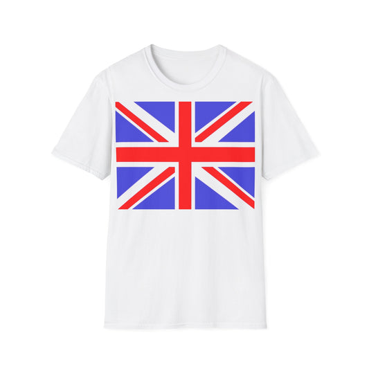 A white t-shirt with a design of the British Union Jack flag.