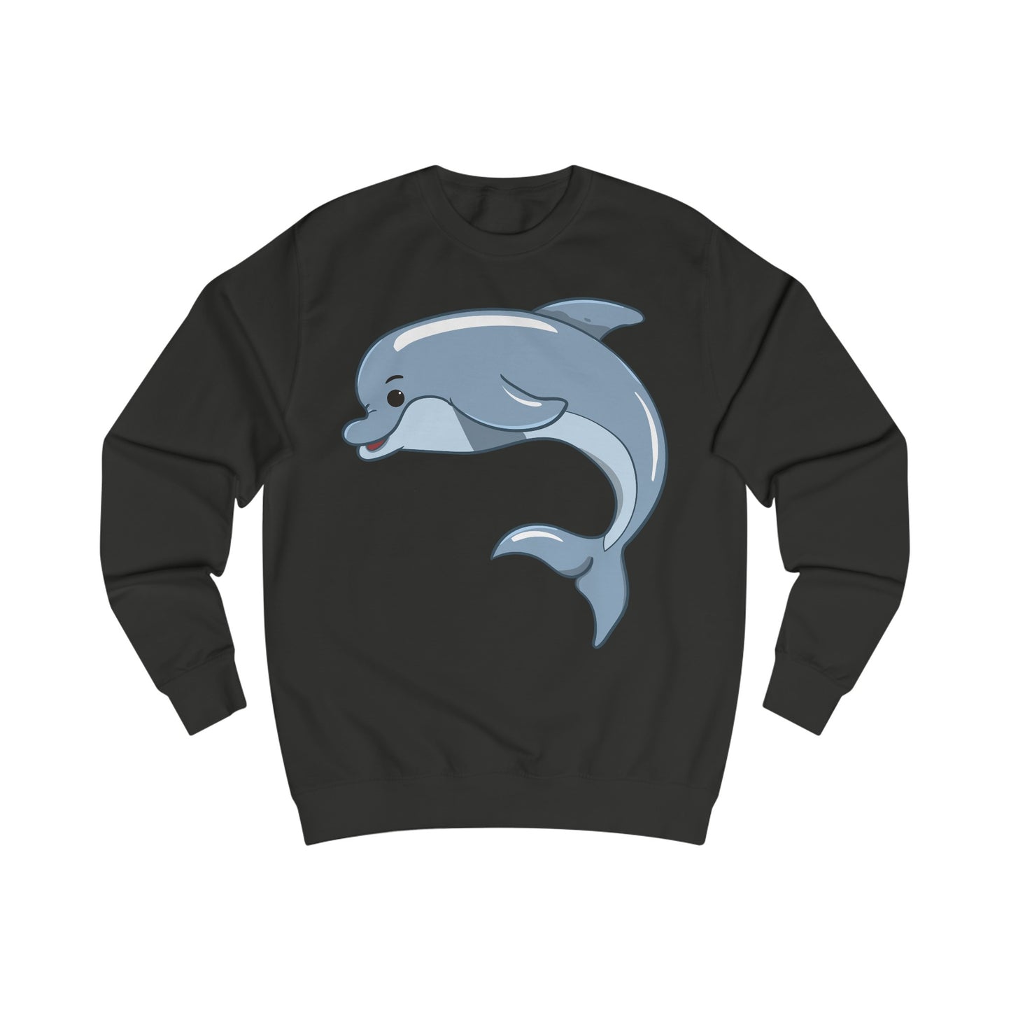 A black sweatshirt with a design of a cute cartoon dolphin