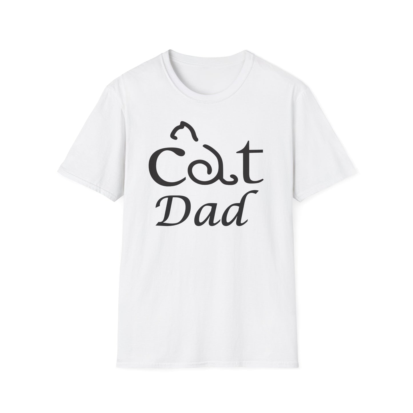 A white t-shirt with a design of a the words cat dad. The word cat has a cat shape made from the letter a.