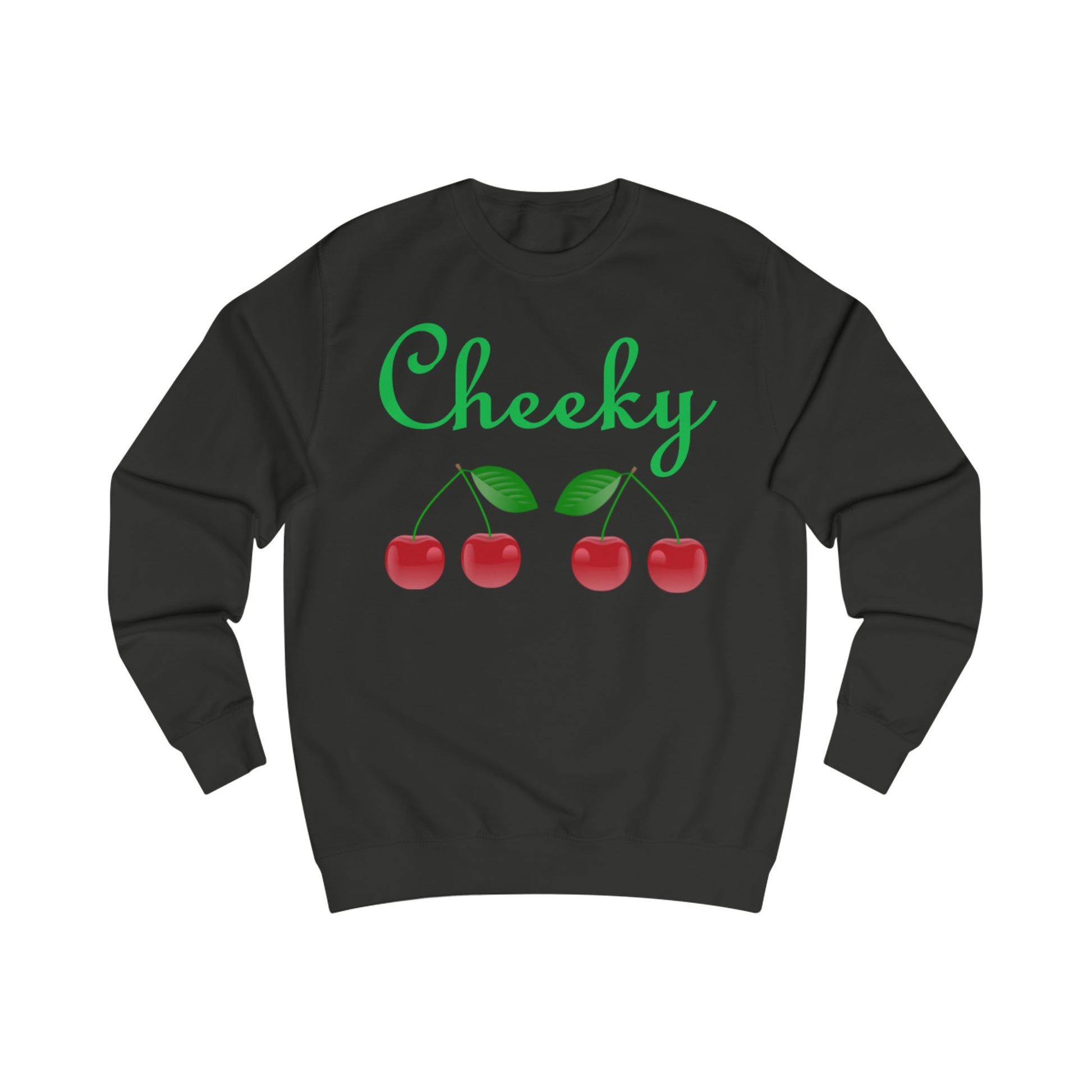  A black sweatshirt with a design of cherries and the word: Cheeky