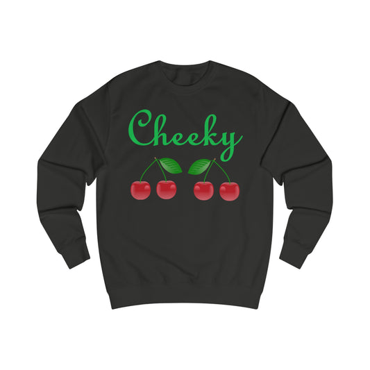  A black sweatshirt with a design of cherries and the word: Cheeky