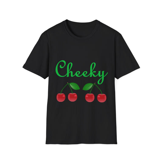 A black t-shirt with a design of 2 pairs of cherries and the words Cheeky Cherries written above them.