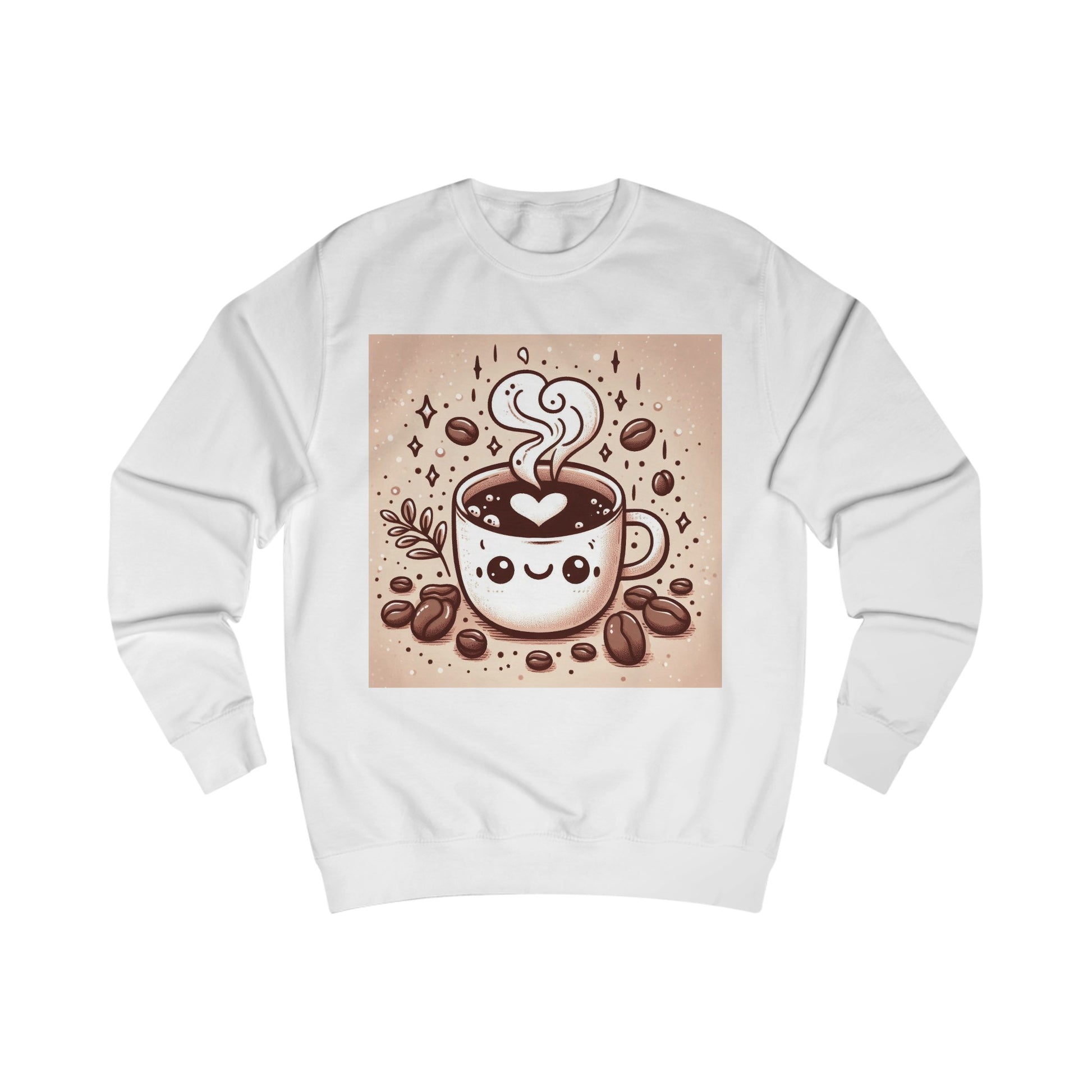 A white sweatshirt with a design of a cute cartoon cup of coffee and lots of coffee beans.