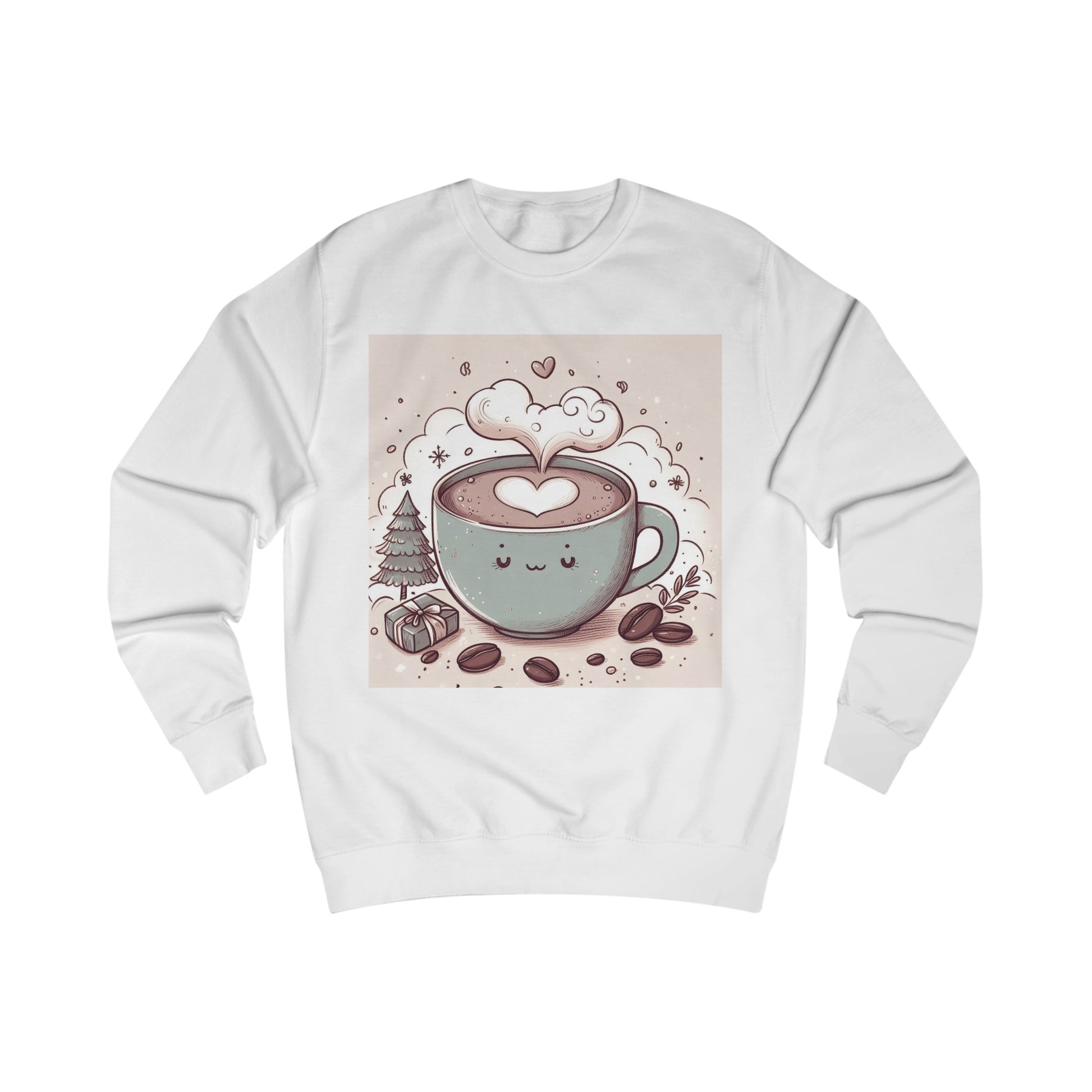 A white sweatshirt with a design of a cute cartoon cup of coffee in a Christmas scene.