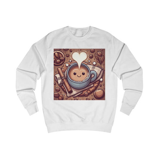 A white sweatshirt with a design of a cute cartoon cup of coffee with a scarf, biscuits and a stick of cinnamon.