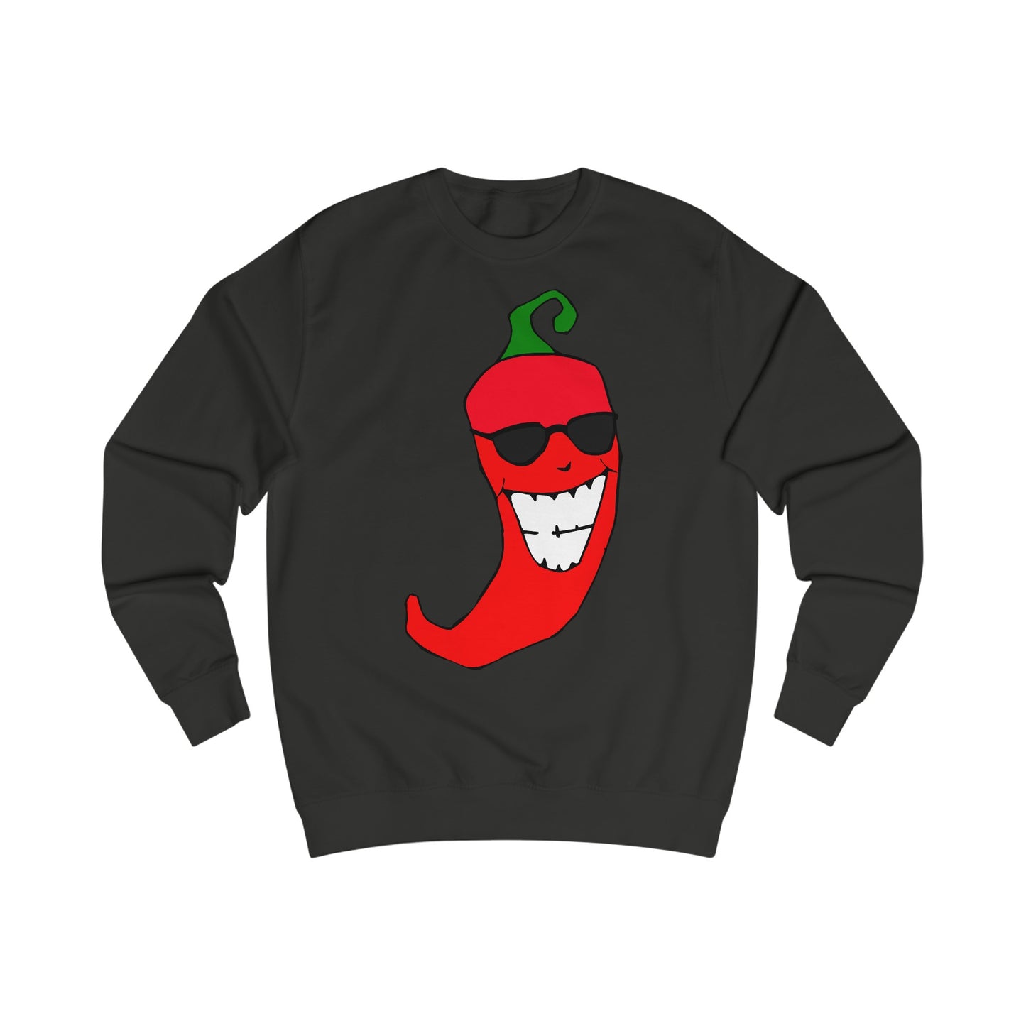 A black sweatshirt with a design of a cartoon red chili pepper with sunglasses and a big smile