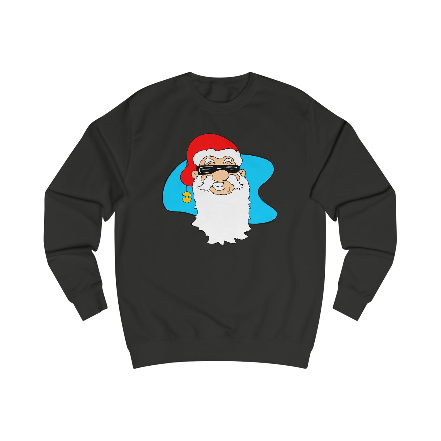 A black sweatshirt with a design of a funny cartoon Santa Claus wearing sun glasses and grinning