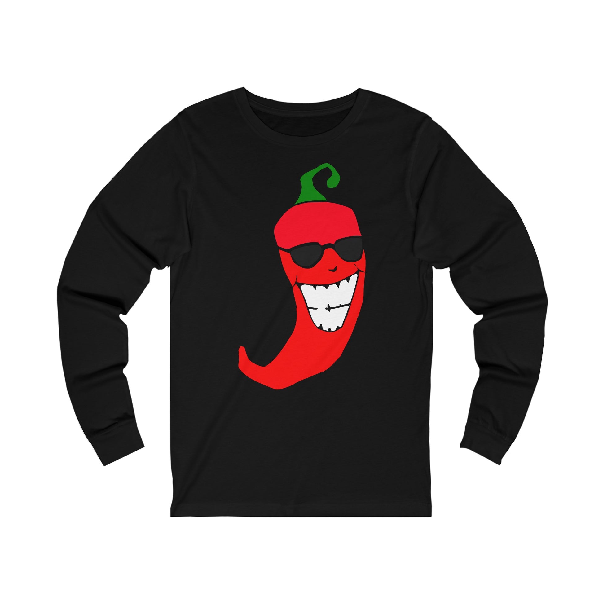 A black long sleeve t-shirt with a design of a cartoon red chili pepper wearing sunglasses.