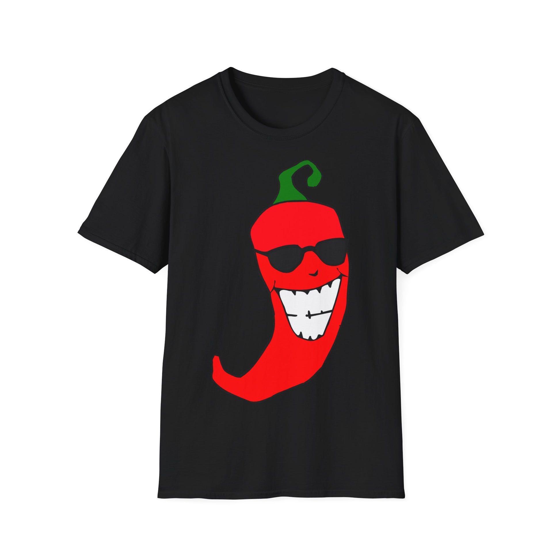 A black t-shirt with a design of a cartoon red chili pepper wearing sunglasses.