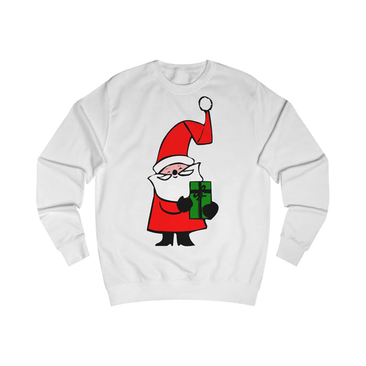 A white sweatshirt with a design of a cartoon Santa Claus with a curly hat and holding a Christmas gift