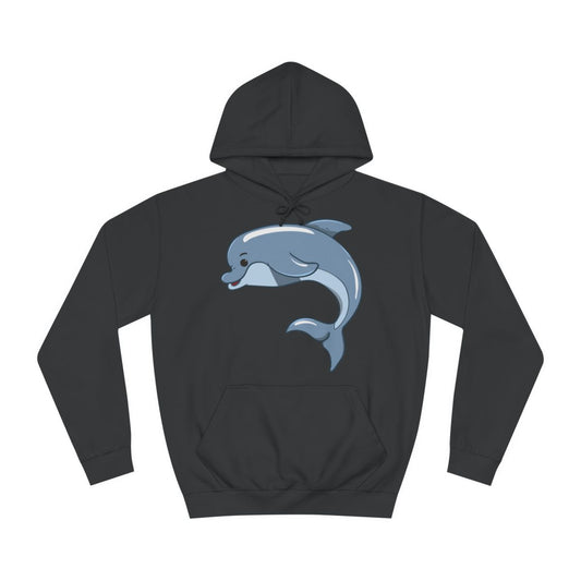 A black hoodie sweatshirt with a design of a cute cartoon bottlenose dolphin.