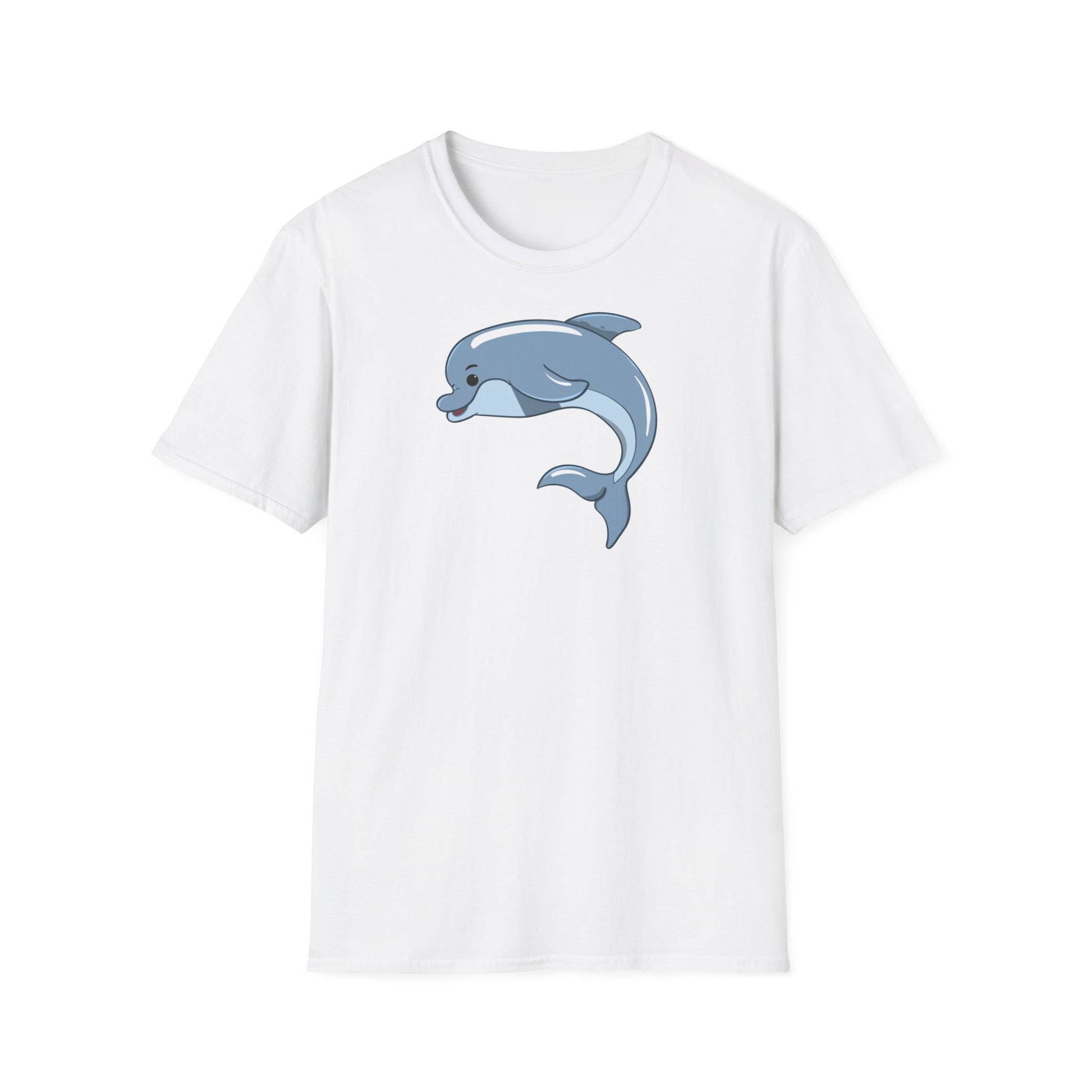 A white t-shirt with a design of a cute cartoon bottlenose dolphin
