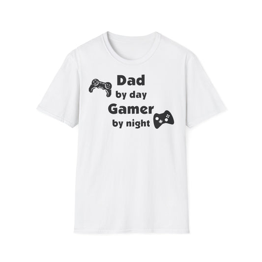 A white t-shirt with a funny design of video game controllers and the words, Dad By Day Gamer By Night.