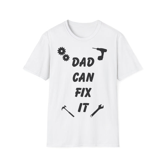 A white T-shirt with a design of tools and the words Dad Can Fix It. A father's day gift for DIY Enthusiast .