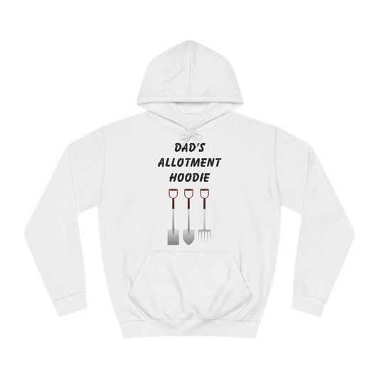 A white hoodie with a design of gardening tools and the words Dad's Allotment Hoodie above them.