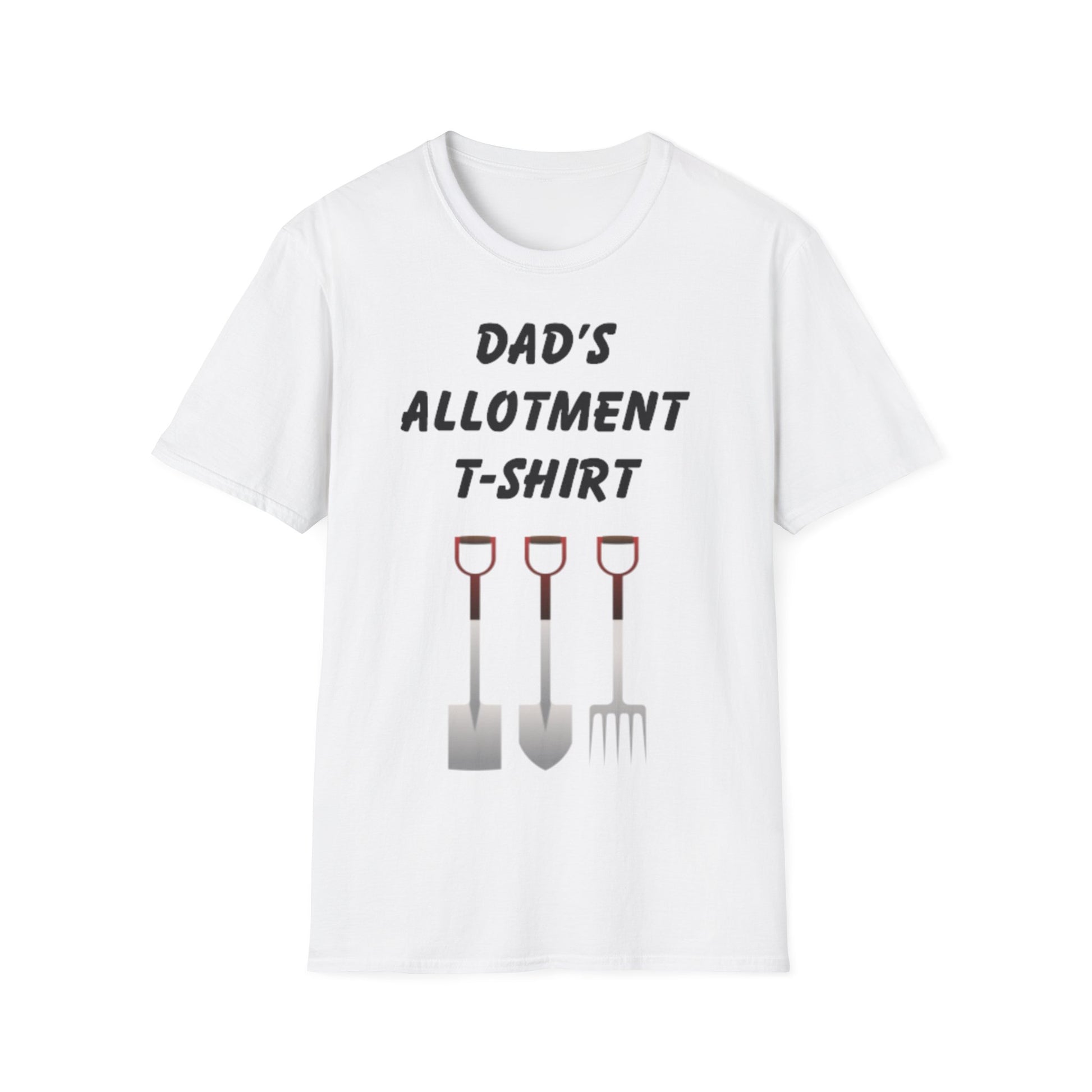 A white t-shirt with a design of gardening tools and the words Dad's Allotment T-shirt above them.
