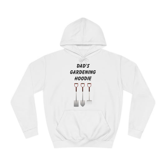 A white hoodie with a design of gardening tools and the words Dad's Gardening Hoodie above them.