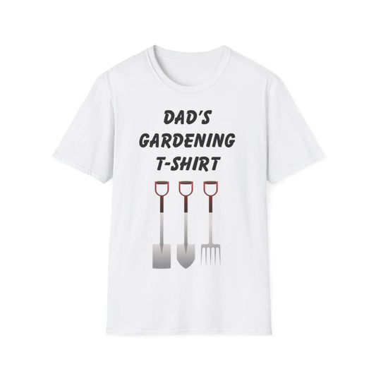 A white t-shirt with a design of gardening tools and the words Dad's Gardening T-shirt above them.