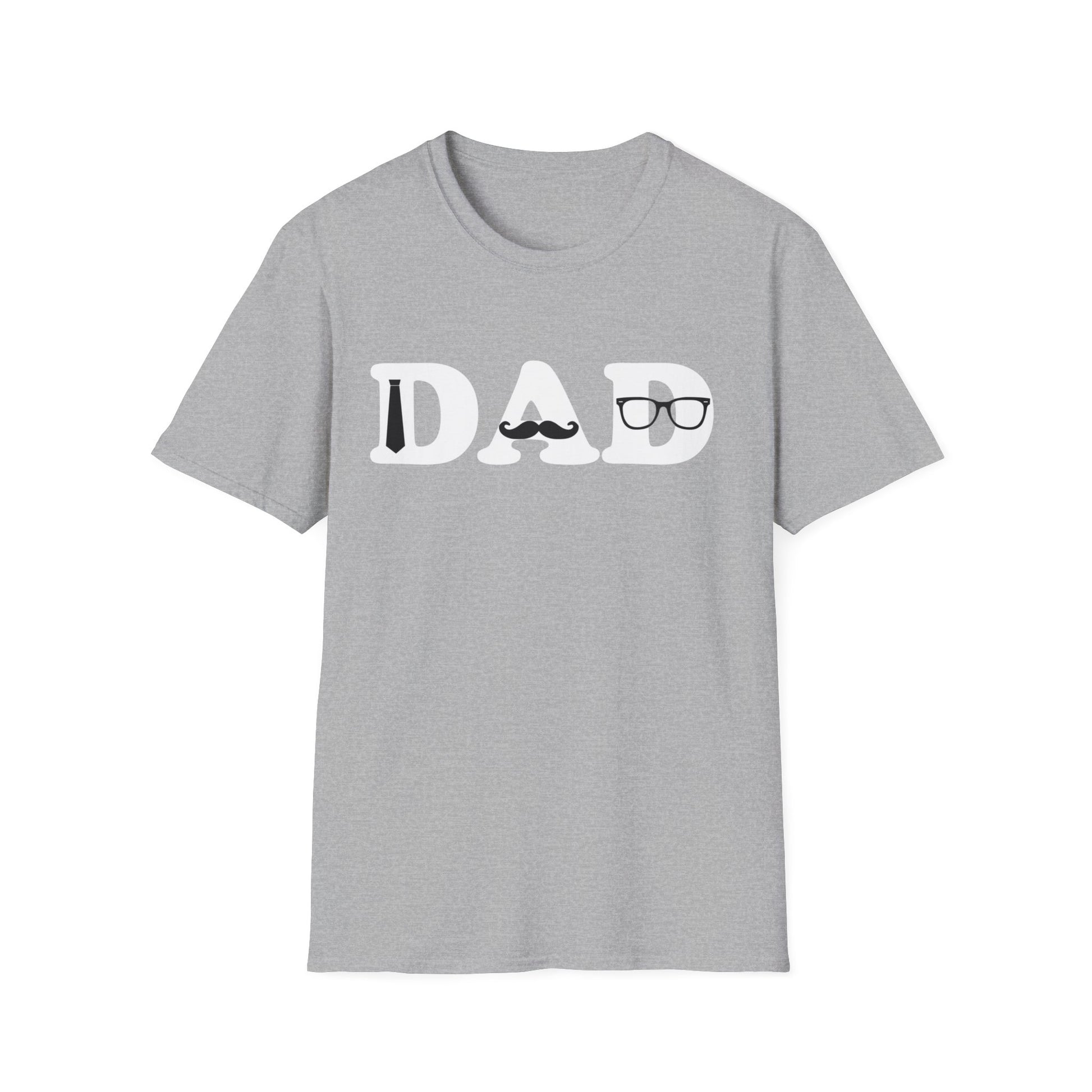 A light grey t-shirt with a design of the word Dad. On the word dad there is a black tie, moustache and glasses.