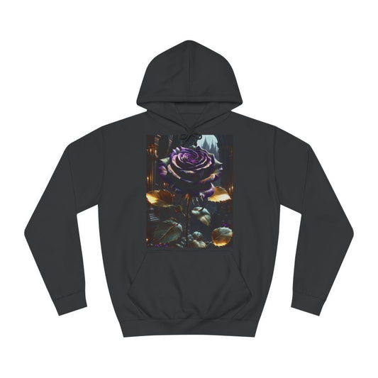 A black hoodie sweatshirt with a design of a dark gothic purple rose.