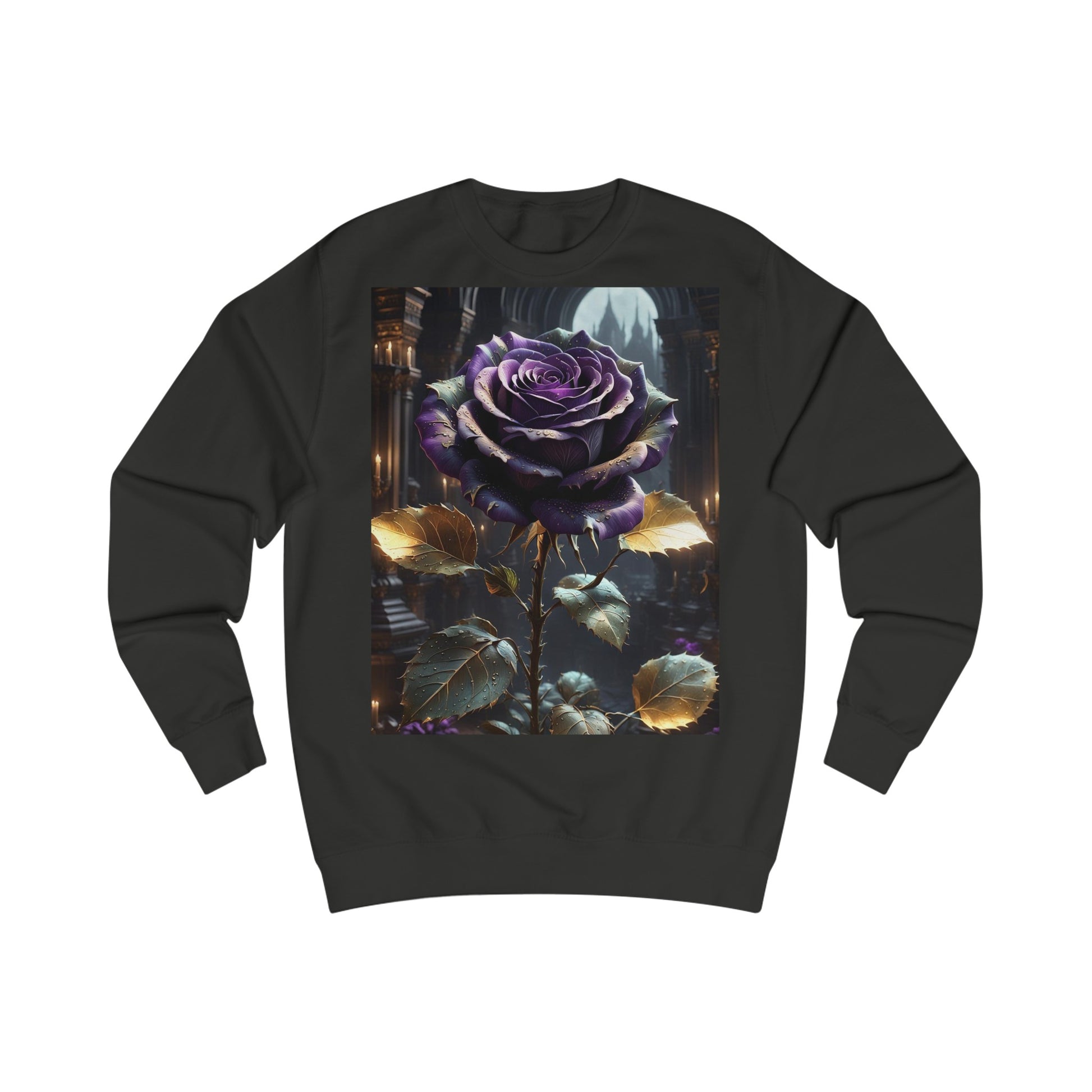 A black sweatshirt with a design of a dark purple gothic rose