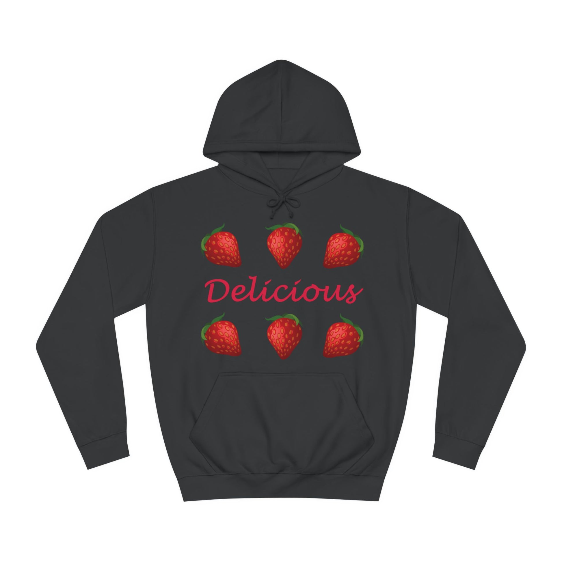 A black hoodie sweatshirt with a design of strawberries and the word Delicious in the middle.