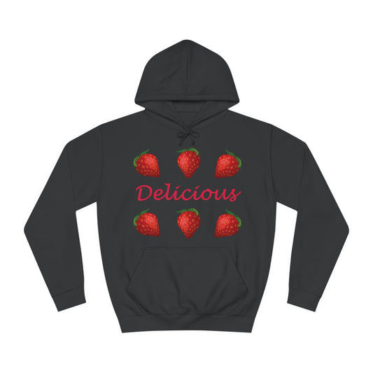 A black hoodie sweatshirt with a design of strawberries and the word Delicious in the middle.