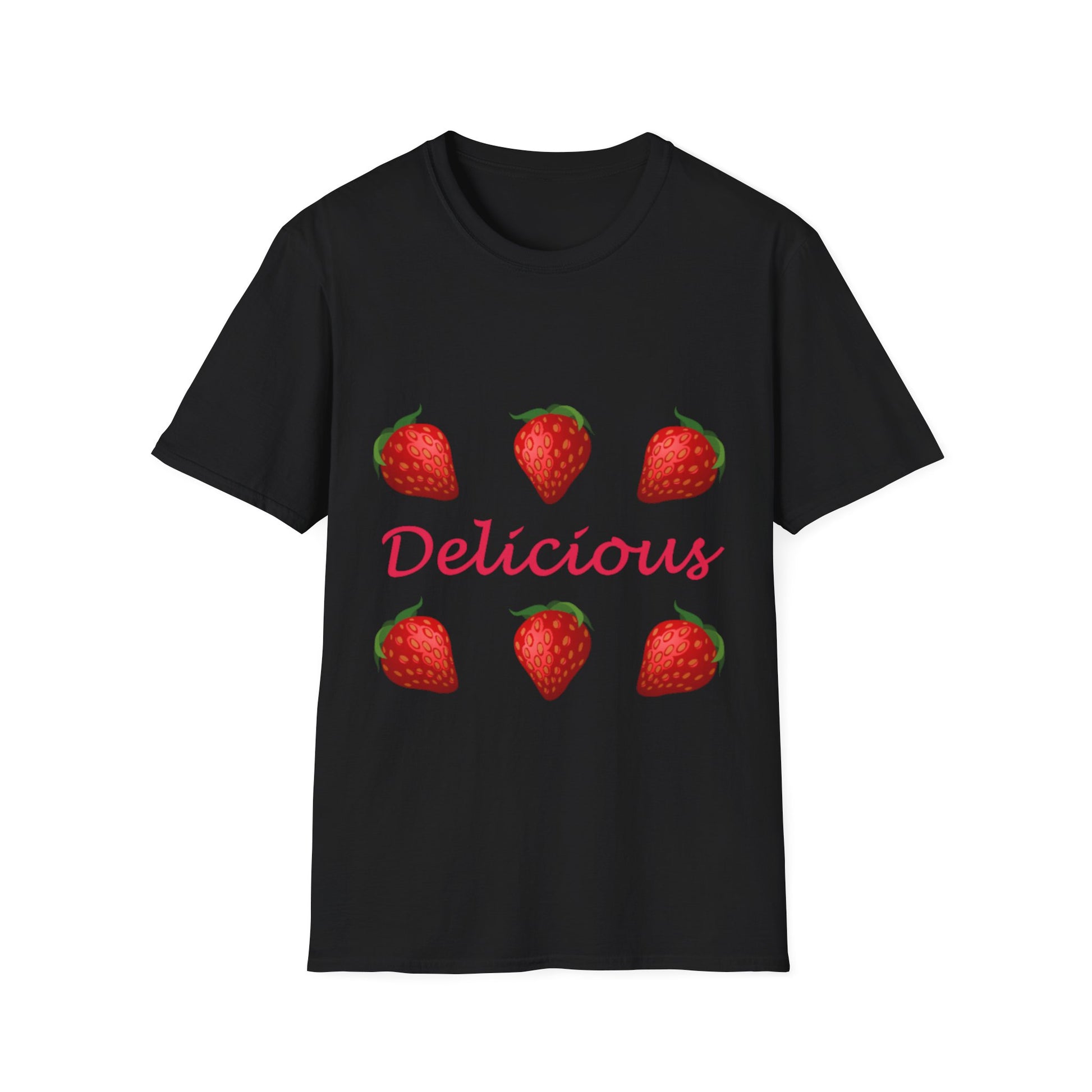 A black t-shirt with a design of strawberries and the word delicious in the middle.